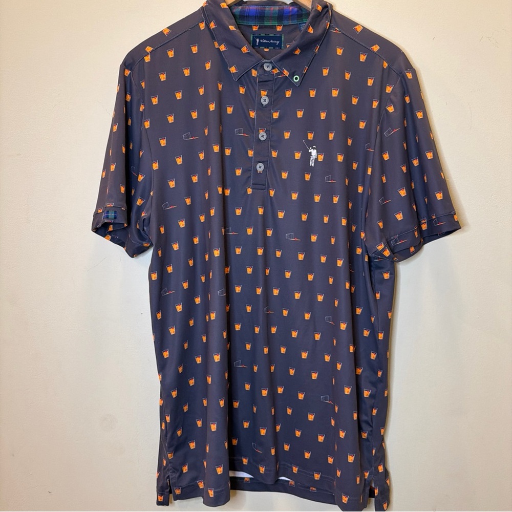 William Murray Golf Polo Shirt Mens L Cocktail All Over Print Gray Orange Golf